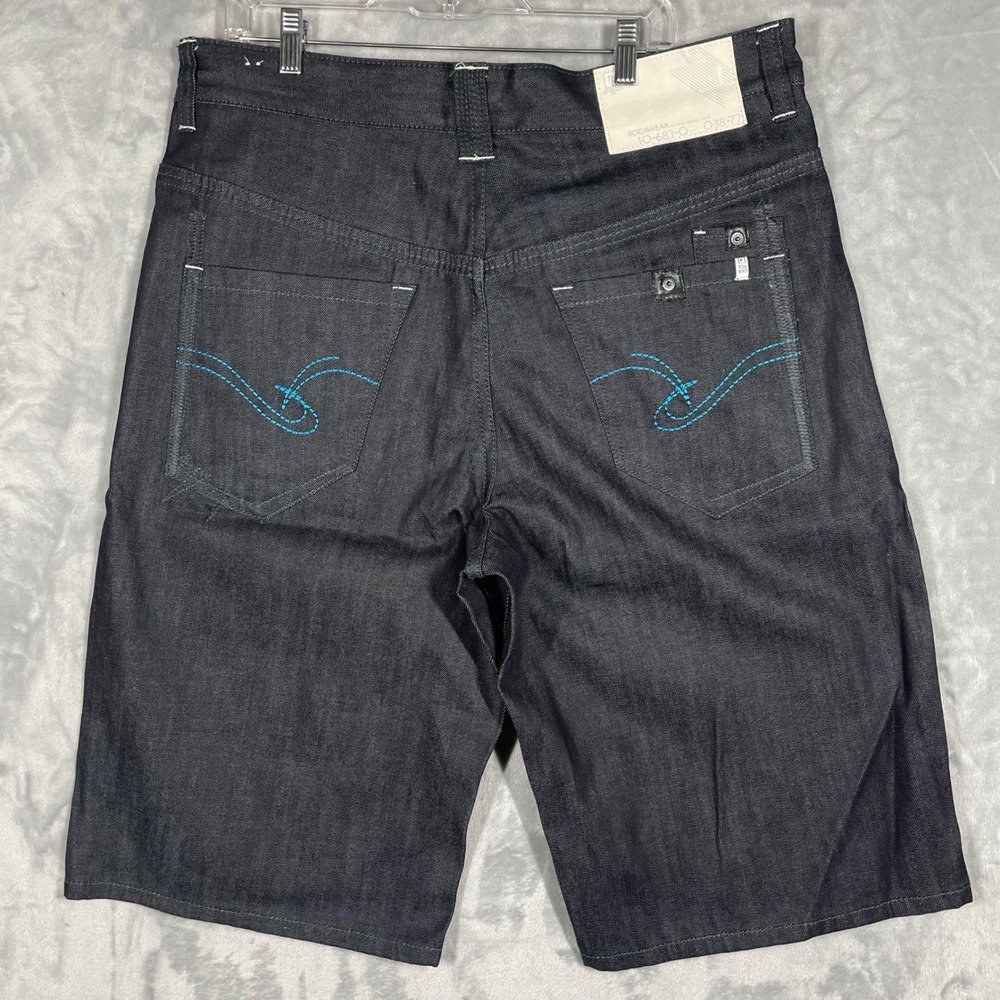 Rocawear Mens Regular Fit Indigo Denim Shorts Size 38 Embroidered Back Pockets